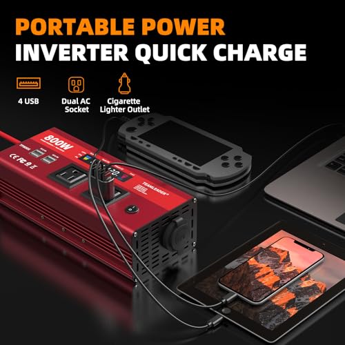 Inversor de corriente de 800 W, 12 V CC a 110 V CA para automóvil, vehículos, RV, camión, exterior, convertidor con tomas de corriente de CA duales, cuatro puertos USB y cables gruesos,