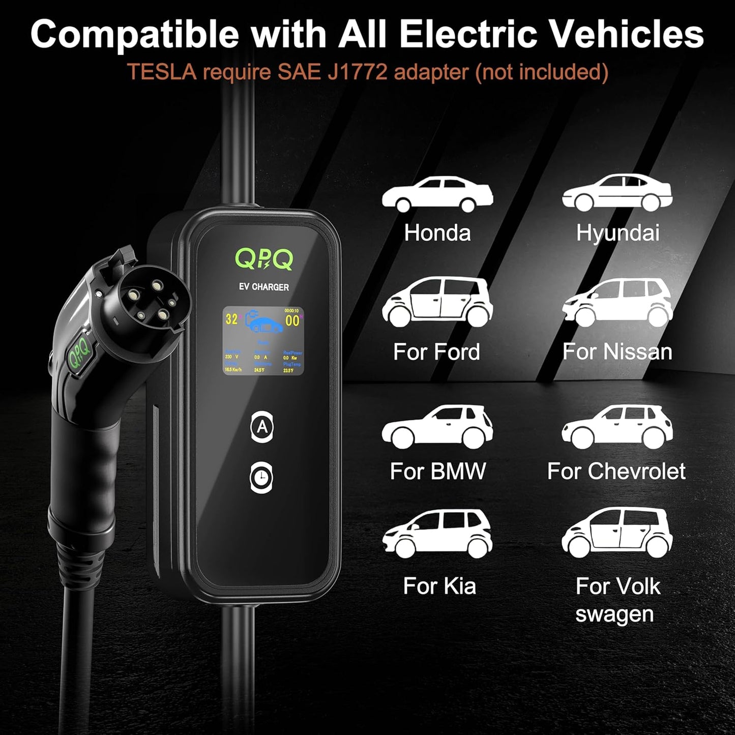 QPQ Cargador EV de nivel 1-2 de 32 amperios portátil de nivel 1 y 2 EV para cargador de coche eléctrico de nivel 2 con estaciones de carga de vehículos eléctricos de enchufe NEMA 14-50 de 25 pies