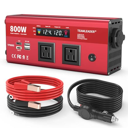 Inversor de corriente de 800 W, 12 V CC a 110 V CA para automóvil, vehículos, RV, camión, exterior, convertidor con tomas de corriente de CA duales, cuatro puertos USB y cables gruesos,