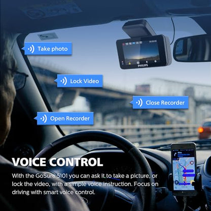PHILIPS Cámara de salpicadero gran angular, pantalla de 3 pulgadas para automóviles, WiFi integrado, sensor G, visión nocturna, alerta de seguridad, grabación en bucle, control de voz (solo cámara