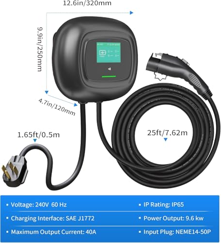 Cargador EV de nivel 2 compatible con J1772 EVS - Cargador EV de 240 V y 40 amperios Nivel 2 Estación de carga de pared EV Cargador de EV para el hogar con cable de carga de 25 pies NEMA 14-50 Plug