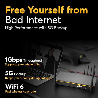 Peplink B One 5G - Router WiFi celular Gigabit Dual WAN para Internet inalámbrico - Rendimiento de 1 Gbps, Wi-Fi 6, doble banda, 4 puertos LAN, soporta 150 usuarios, configuración de la aplicación