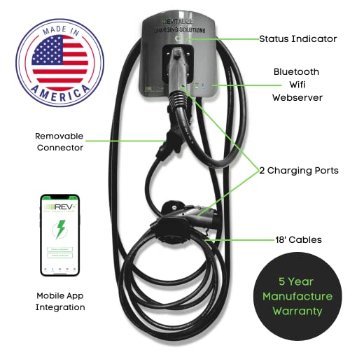 Revitalize Charging Solutions Doble puerto, nivel 2, cargador inteligente para vehículos eléctricos, 50 amperios, WiFi/Bluetooth, certificación UL, integración de aplicaciones móviles (cable de carga de 18 pies) REVPLUS1