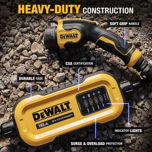 DEWALT Cargador portátil de nivel 2 para vehículos eléctricos de hasta 16 amperios 120-240 V, certificado CSA para interiores y exteriores, EV NEMA 6-20 con adaptador 5-15 incluido DXPAEV016