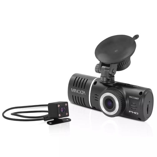 Minolta MNCD245T FHD Front Rear View Dash Camera with 3-Ch Recording, Black