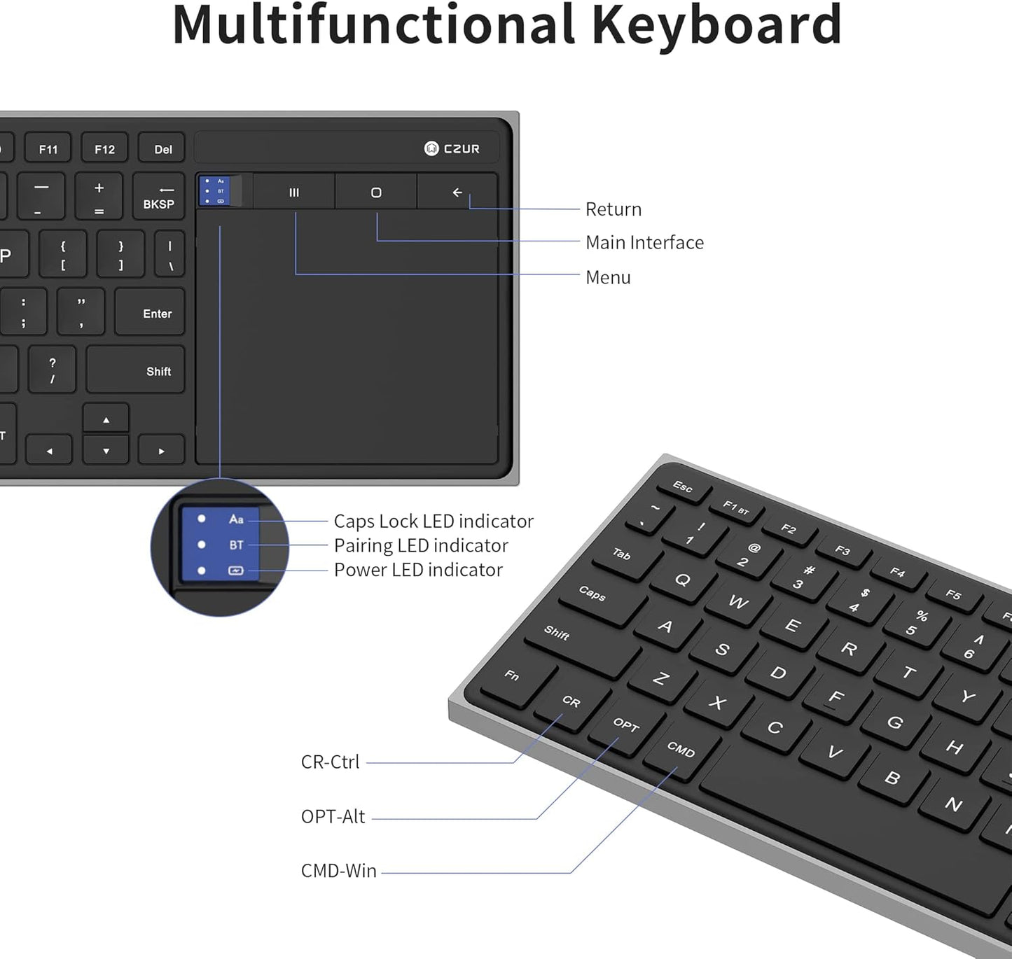 CZUR Teclado Bluetooth recargable con panel táctil, teclado de computadora portátil con trackpad, teclado ultra delgado inalámbrico para PC/portátil/tableta/teléfono/Smart TV