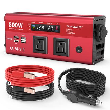 Inversor de corriente de 800 W, 12 V CC a 110 V CA para automóvil, vehículos, RV, camión, exterior, convertidor con tomas de corriente de CA duales, cuatro puertos USB y cables gruesos,