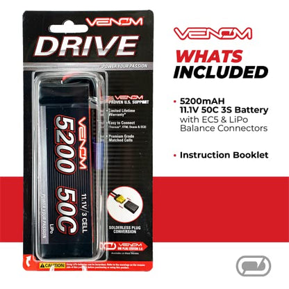 Venom Drive Series 50C 3S - Batería LiPo RC de 5200 mAh 11.1 V, polímero de litio de 3 celdas, conector de silicona suave y compatible con 2WD, 4WD, camión y Buggies