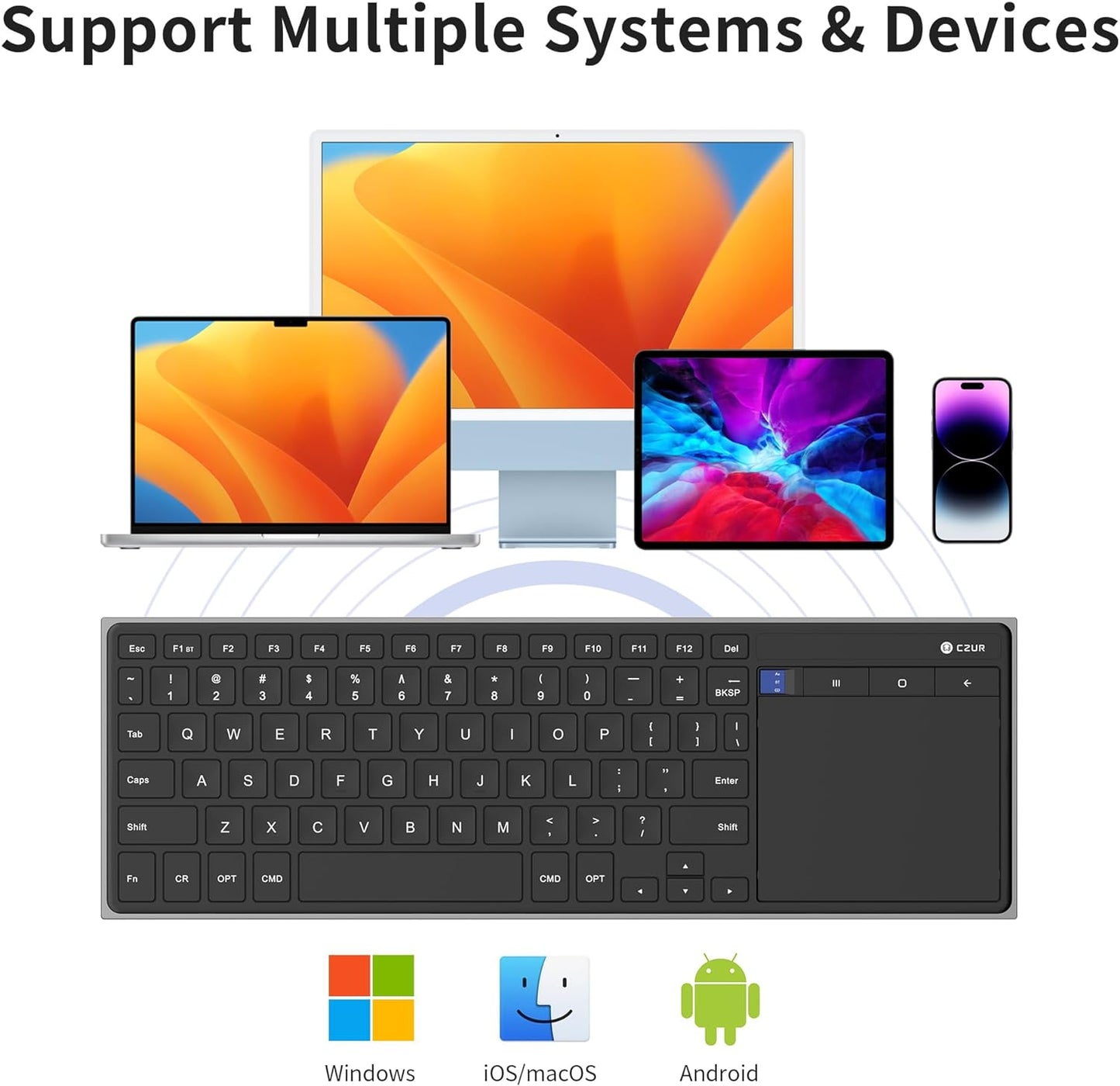 CZUR Teclado Bluetooth recargable con panel táctil, teclado de computadora portátil con trackpad, teclado ultra delgado inalámbrico para PC/portátil/tableta/teléfono/Smart TV