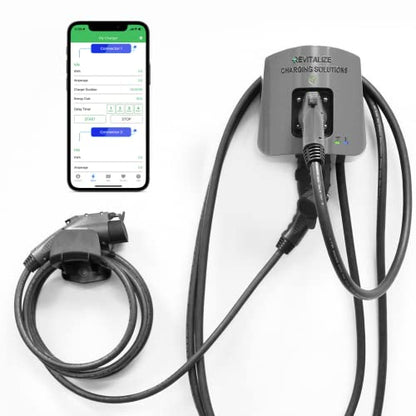 Revitalize Charging Solutions Doble puerto, nivel 2, cargador inteligente para vehículos eléctricos, 50 amperios, WiFi/Bluetooth, certificación UL, integración de aplicaciones móviles (cable de carga de 18 pies) REVPLUS1