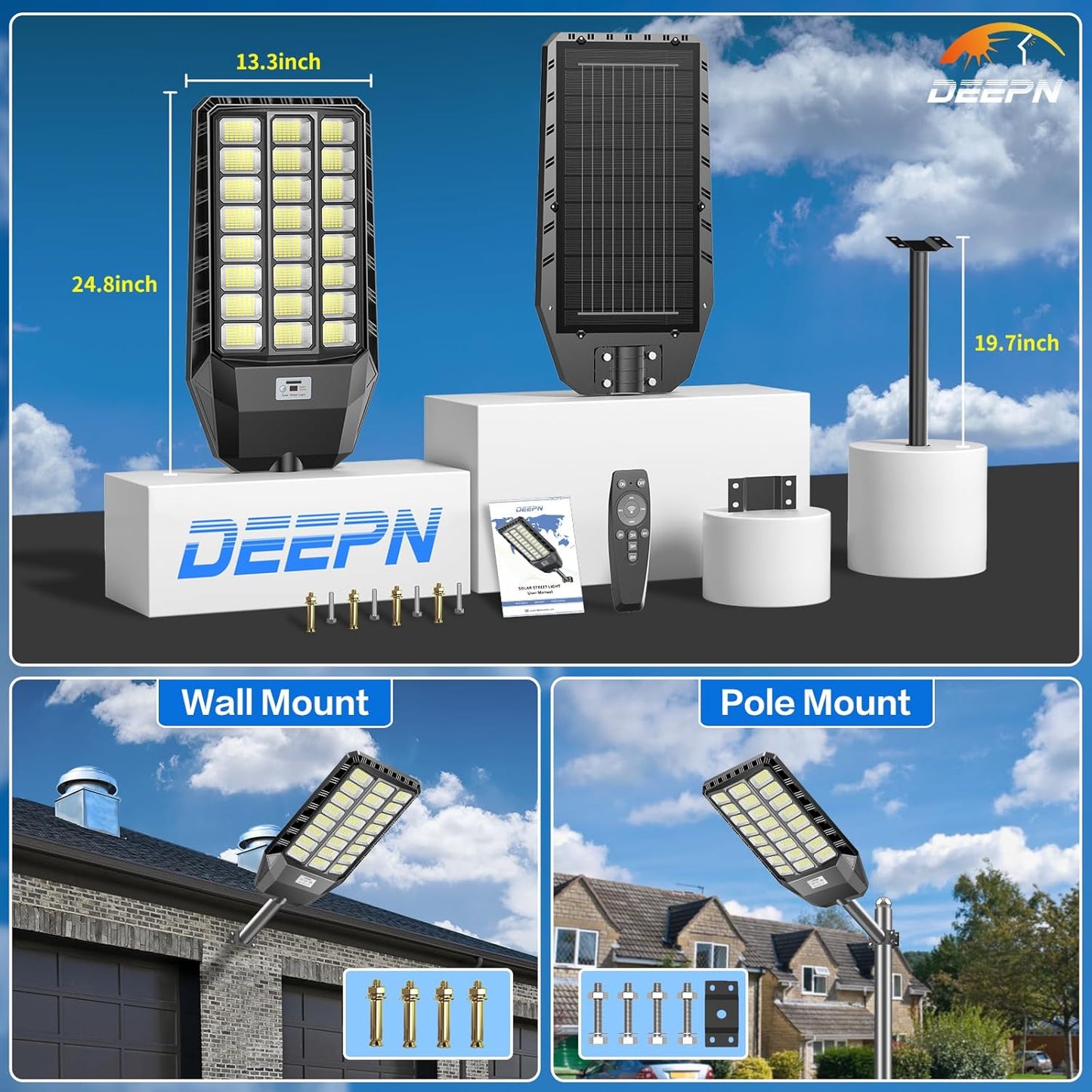 Deepn - Luces solares de calle para exteriores, 5000 W, luces solares de estacionamiento de 360000 lúmenes, luz de calle con energía solar, IP66, impermeable, sensor de movimiento al aire última