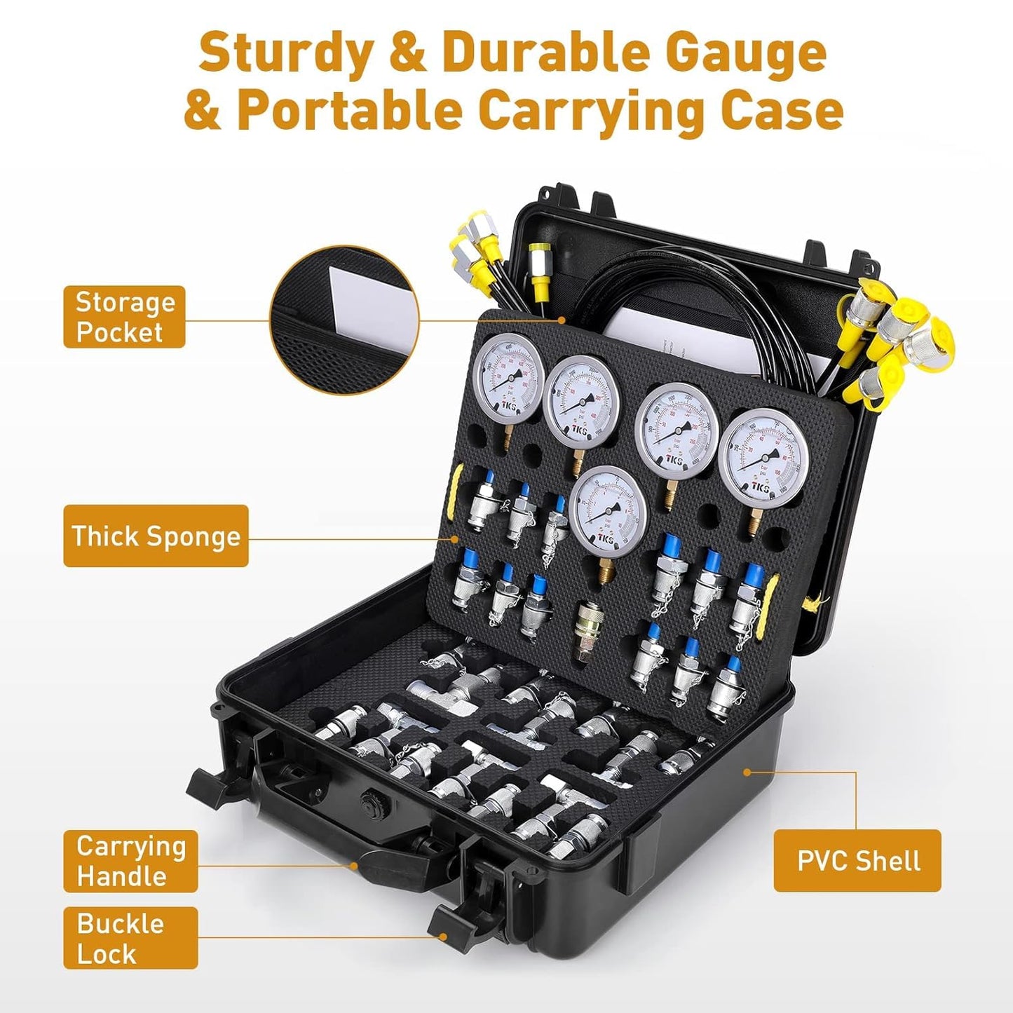 Kit de prueba de presión hidráulica, 600 bar, 10000 psi / 60 MPa, 5 calibres, 13 acoplamientos de prueba, 14 conectores en T, 5 mangueras de prueba, kit de medidor de prueba hidráulico para maquinaria