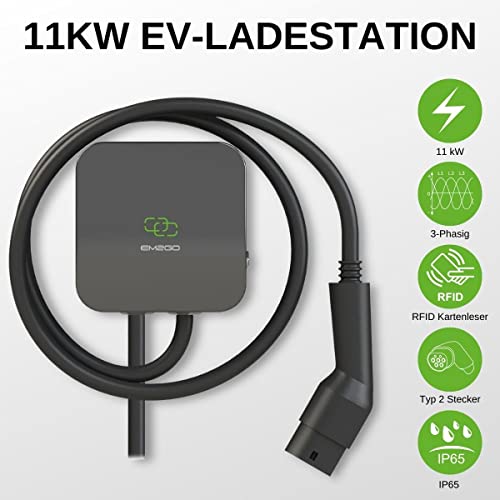 EM2GO Wallbox Estación de carga para coche eléctrico de 11 kW con cable de carga tipo 2 de 5 m de largo, cargador EV trifásico que incluye soporte de pared y aplicación Smart Home, caja de pared compacta para vehículos eléctricos - EM022AC1ONC