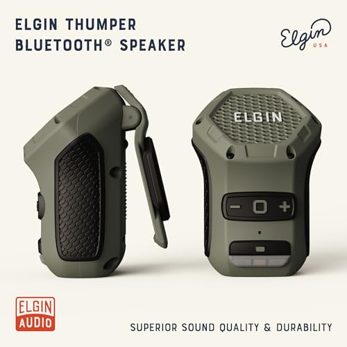 Elgin Thumper - Altavoz Bluetooth portátil, montaje con clip, hasta 35 horas de duración de la batería, luz LED de trabajo de 100 lúmenes, diseño ligero, duradero y resistente a la intemperie