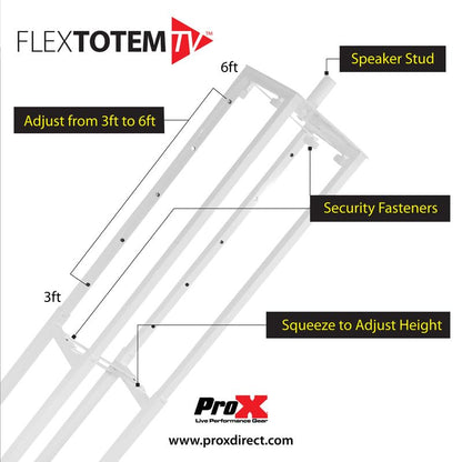 Prox XT-FLEXTOTEM TV Flex Totem TV - Soporte de tótem ajustable de altura de 3 a 6 pies con soporte para TV, placa base plegable y perno para altavoz