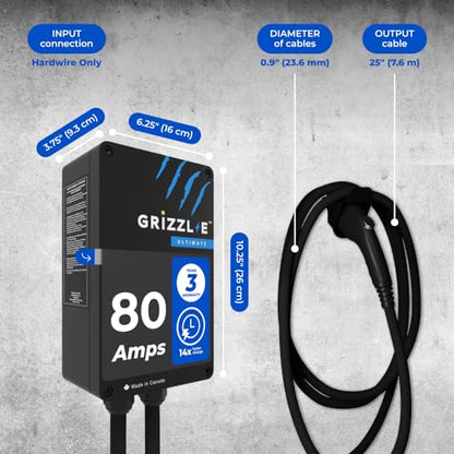 Grizzl-E Ultimate Nivel 2 Cargador de vehículo eléctrico (EV) más rápido de 80Amp / 19,2 kW, probado y certificado por UL, carcasa metálica, cableado GRU-077-W-HW-25DJ80-A-GB