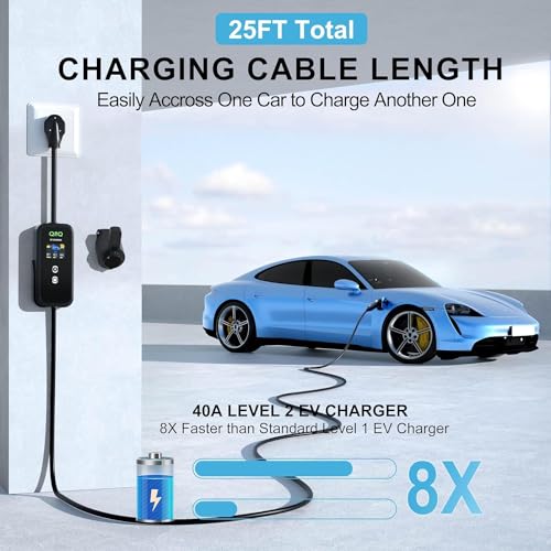 QPQ Cargador EV de nivel 1-2 de 32 amperios portátil de nivel 1 y 2 EV para cargador de coche eléctrico de nivel 2 con estaciones de carga de vehículos eléctricos de enchufe NEMA 14-50 de 25 pies