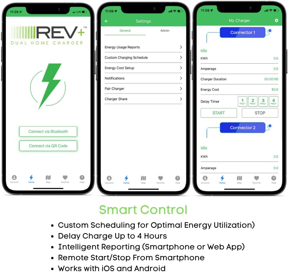 Revitalize Charging Solutions Doble puerto, nivel 2, cargador inteligente para vehículos eléctricos, 50 amperios, WiFi/Bluetooth, certificación UL, integración de aplicaciones móviles (cable de carga de 18 pies) REVPLUS1