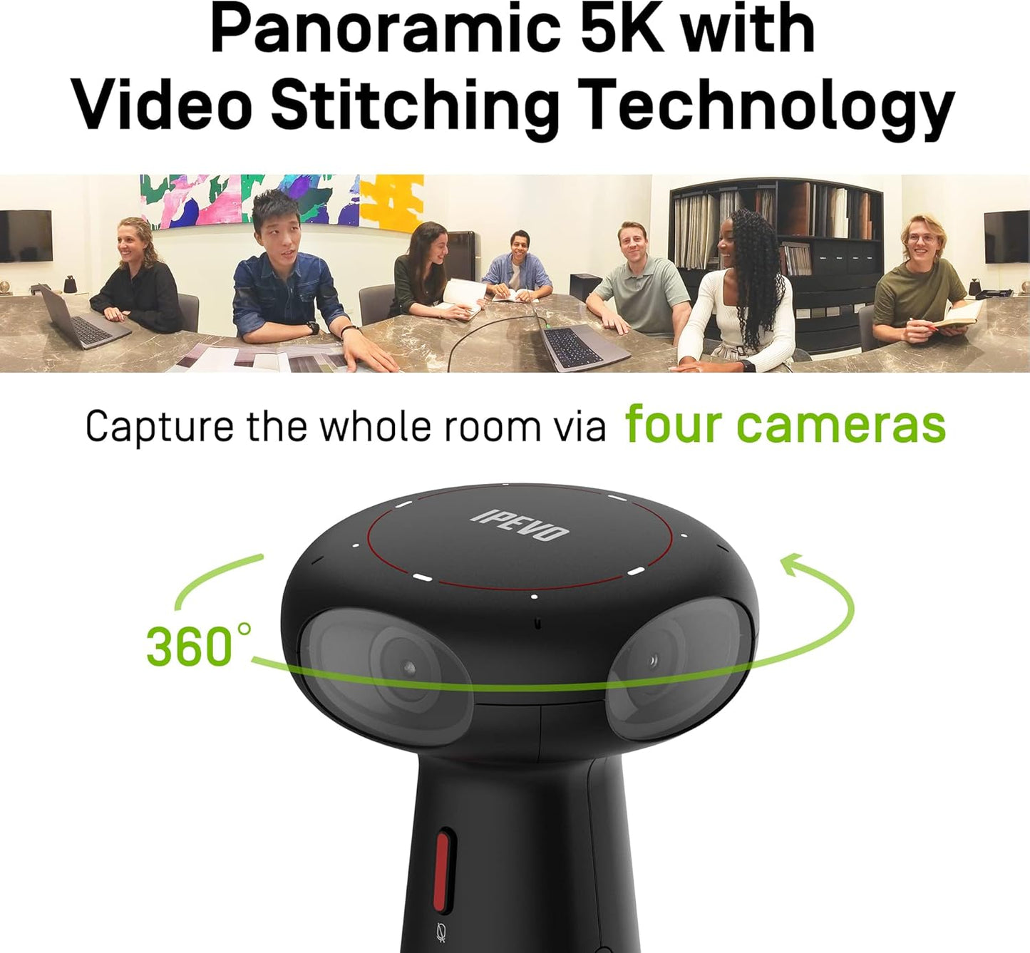 IPEVO Totem 360, cámara panorámica de Conferencia de 360 Grados, USB-C Plug'n'Play, Modo de IA múltiple, con Altavoz, micrófono y reducción de Ruido, Experiencia de Ojo Humano por Cuatro Lentes 5-906-2-08-00