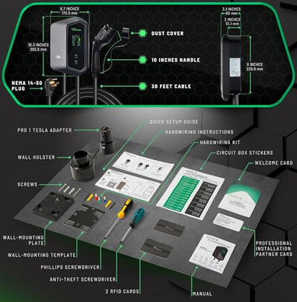 MACH I: Cargador rápido de 48 amperios Nivel 2 EV, estación de carga de vehículos eléctricos de montaje en pared, cable rígido de 200-240V o NEMA 14-50. Conector de coche J1772 y Tesla NACS,