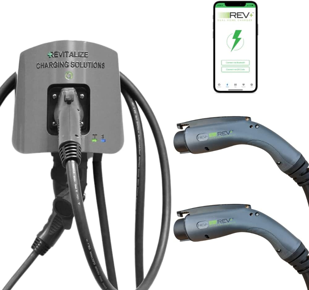 Revitalize Charging Solutions Doble puerto, nivel 2, cargador inteligente para vehículos eléctricos, 50 amperios, WiFi/Bluetooth, certificación UL, integración de aplicaciones móviles (cable de carga de 18 pies) REVPLUS1