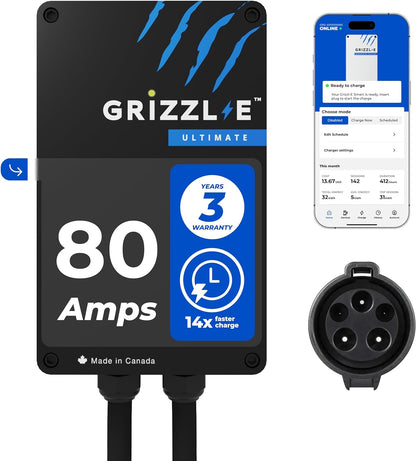 Grizzl-E Ultimate Nivel 2 Cargador de vehículo eléctrico (EV) más rápido de 80Amp / 19,2 kW, probado y certificado por UL, carcasa metálica, cableado GRU-077-W-HW-25DJ80-A-GB