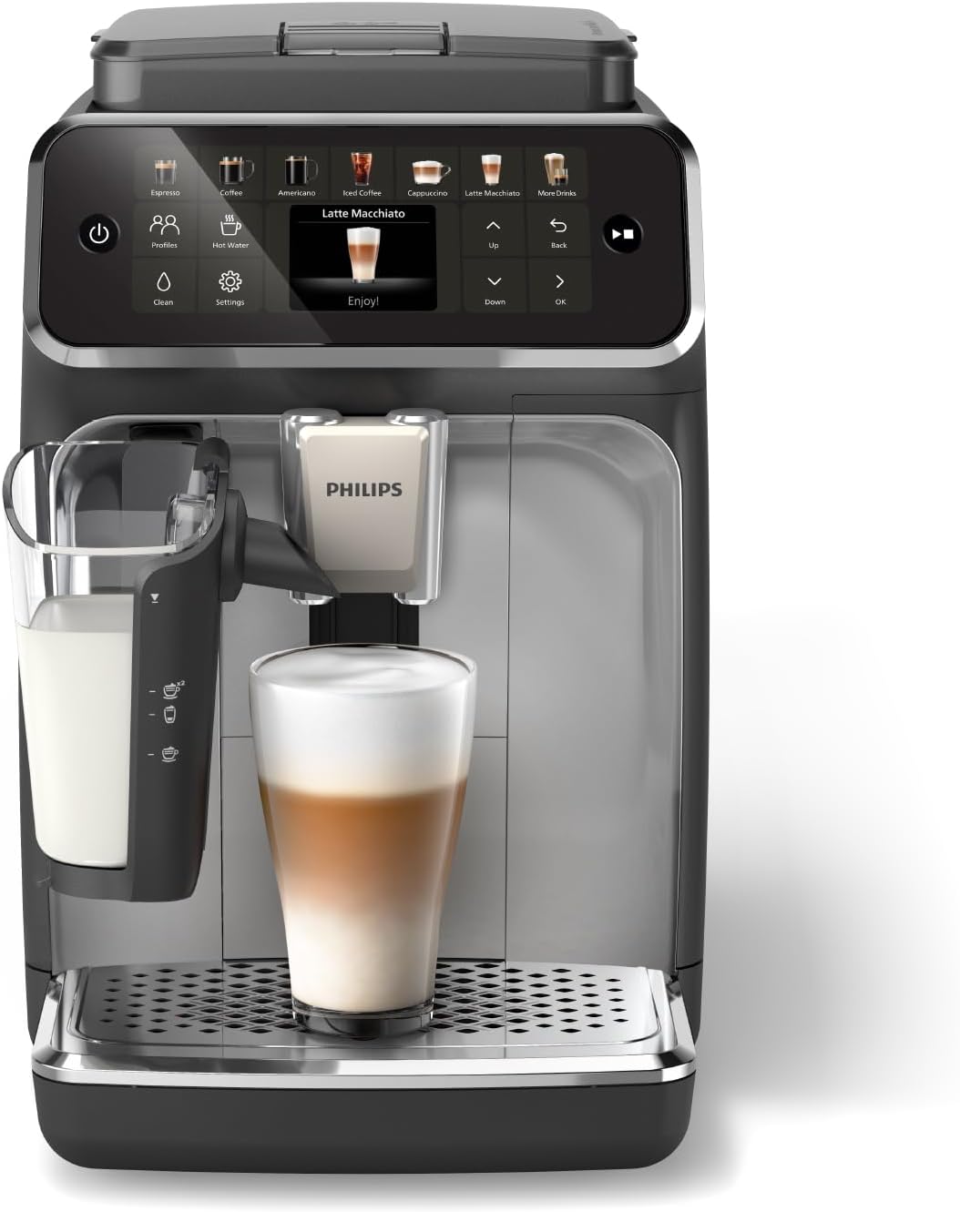 PHILIPS 4400 Series Máquina espresso totalmente automática – 12 cafés calientes y helados, sistema de leche LatteGo de rápida limpieza, SilentBrew, QuickStart, molinillo de cerámica, cromo negro