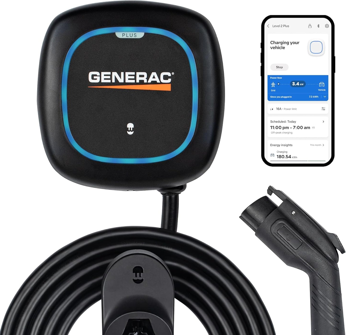 Generac Cargador de vehículo eléctrico (EV) Nivel 2 Plus, 48 AMP, carga rápida, ultra compacto con cable de 25 pies, gestión de aplicaciones WiFi y Bluetooth, compatible con Alexa y Google Home, PUP2-U-1-6-C-GC2