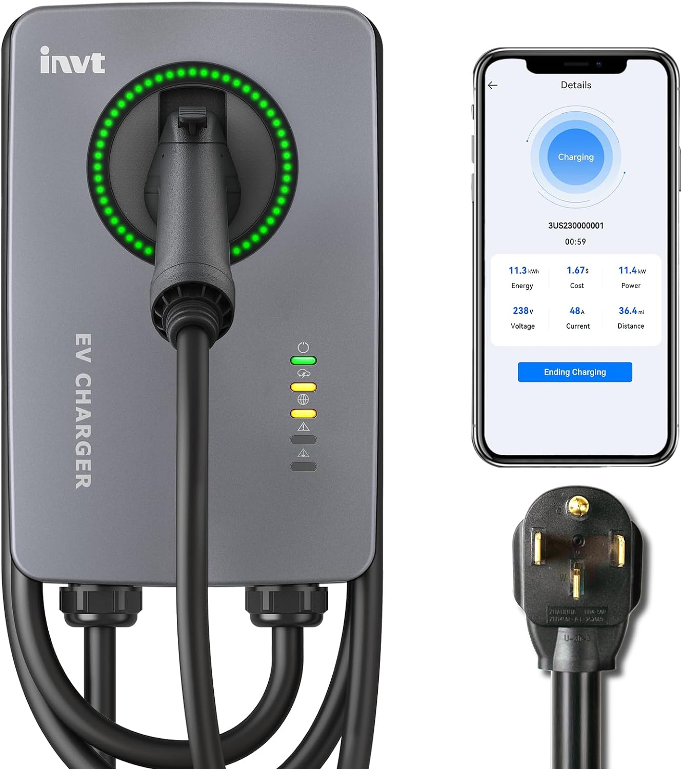 Cargador EV de nivel 2 (240 V/40 amperios, enchufe NEMA 6-50 o cableado), WiFi inteligente para el hogar, compatible con Bluetooth, EVSE, cargador de automóvil eléctrico # EVC16-0000001