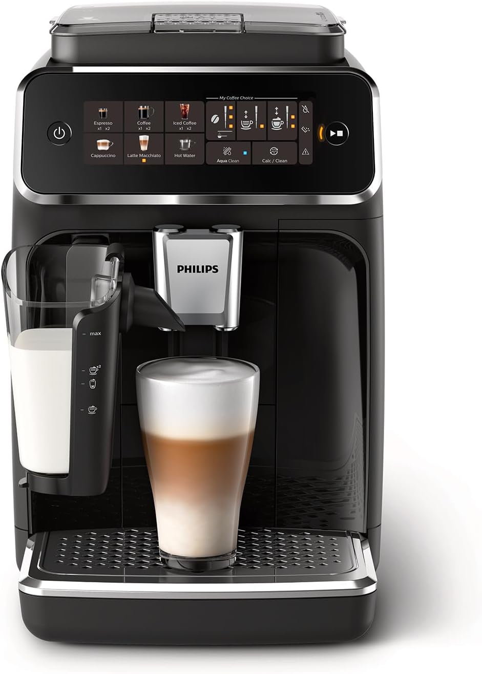 PHILIPS 3300 Series - Máquina espresso totalmente automática - Sistema de leche LatteGo, 5 variedades de café, visualización táctil intuitiva, SilentBrew, molinillo 100% cerámica, filtro AquaClean,