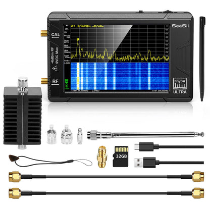 Analizador de ultra espectro TinySA actualizado 2023 con atenuador de 25 W, SeeSii 4.0 pulgadas, 100 kHz a 5.3 GHz, analizador de frecuencia pequeña portátil con tarjeta de 32 GB, entrada UHF de 100 kHz a 800 MHz MF/HF/VHF