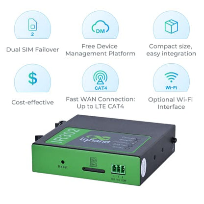 InHand Networks IR302 Router celular industrial IoT 4G LTE VPN, LTE Cat 4+ Wi-Fi, ranuras para tarjetas SIM duales, gestión por plataforma en la nube, puerto DI/DO, soporte T-Mobile, AT&T y Verizon, certificación UL