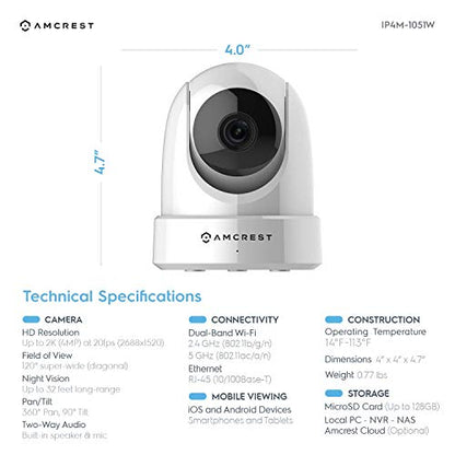 Amcrest - Cámara de seguridad para interiores (4 Mpx, UltraHD, WiFi, visión nocturna, doble banda, 5 ghz/2,4 GHz, 4 Mpx @ ~ 20 FPS, 120° FOV, IP4M-1051W)