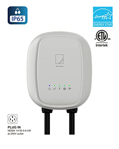 ATG e-Power Cargador de vehículo eléctrico (EV), 40 Amp, 9.6 kW a 240 VAC, nivel 2 Wi-Fi (2.4 GHz), certificación UL, enchufe Energy Star, NEMA 14-50, IK10, interior/exterior, cable de 18 pies, negro