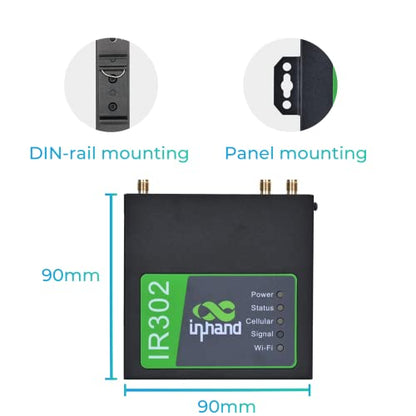 InHand Networks IR302 Router celular industrial IoT 4G LTE VPN, LTE Cat 4+ Wi-Fi, ranuras para tarjetas SIM duales, gestión por plataforma en la nube, puerto DI/DO, soporte T-Mobile, AT&T y Verizon, certificación UL