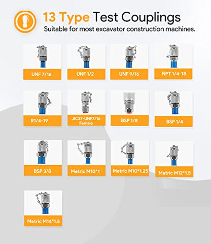 Kit de acoplamiento de prueba de presión hidráulica 70DC, juego de medidores de presión, manguera de prueba, juego de camisetas giratorias hidráulicas BSPP ORFS JIC, herramientas de reparación para la mayoría de maquinaria de construcción de excavadoras