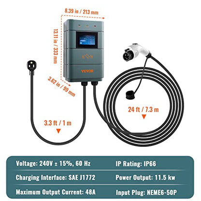 VEVOR Estación de carga de vehículos eléctricos de nivel 2, 0-48 A ajustable, 11.5 kW 240 V NEMA 6-50 enchufe inteligente EV con WiFi, cable de carga TPE de 24 pies para uso en interiores y exteriores, certificado ETL y Energy Star