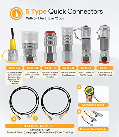 Kit de acoplamiento de prueba de presión hidráulica 70DC, juego de medidores de presión, manguera de prueba, juego de camisetas giratorias hidráulicas BSPP ORFS JIC, herramientas de reparación para la mayoría de maquinaria de construcción de excavadoras