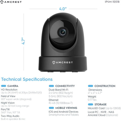 Amcrest - Cámara de seguridad para interiores (4 Mpx, UltraHD, WiFi, visión nocturna, doble banda, 5 ghz/2,4 GHz, 4 Mpx @ ~ 20 FPS, 120° FOV, IP4M-1051W)