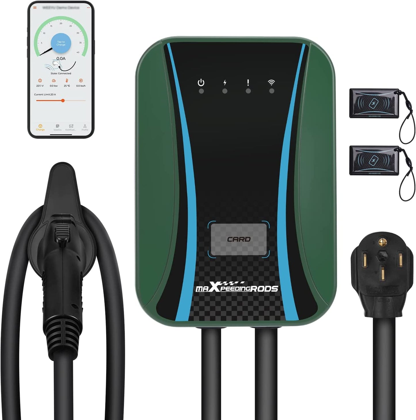 maXpeedingrods Cargador EV de hasta 48amp para Tesla, estación de carga inteligente vehículos eléctricos Wi-Fi 240V J1772 pared EVSE IP65