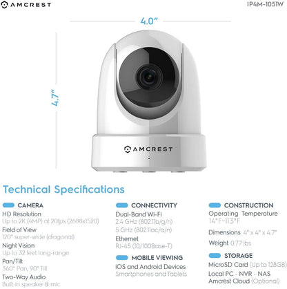 Amcrest - Cámara de seguridad para interiores (4 Mpx, UltraHD, WiFi, visión nocturna, doble banda, 5 ghz/2,4 GHz, 4 Mpx @ ~ 20 FPS, 120° FOV, IP4M-1051W)