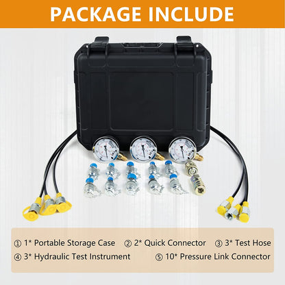 Kit de prueba de presión hidráulica, 600 bar, 8700 psi, 60 mpa, 3 calibres, 12 conectores en T, 3 mangueras de prueba, kit de medidor hidráulico, estuche de transporte resistente para excavadoras, maquinaria de construcción, barcos, minas