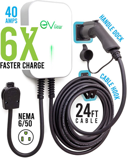 EV Gear Estación de cargador de pared para vehículo eléctrico, nivel 2, 40 AMP/240 V, cable de 25 pies, enchufe de pared NEMA 6-50, reemplazo de/compatible con vehículos eléctricos usando enchufe SAE J1772