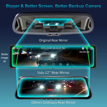 Mirror Dash Cam Car Backup Camera 12" 2K IPS Full Touch Screen 2560P+1080P Resolution Front and Rear View Dual Lens, Adjustable Wide Angle, WDR Night Vision, Parking Monitor, GPS & 32GB Card Included