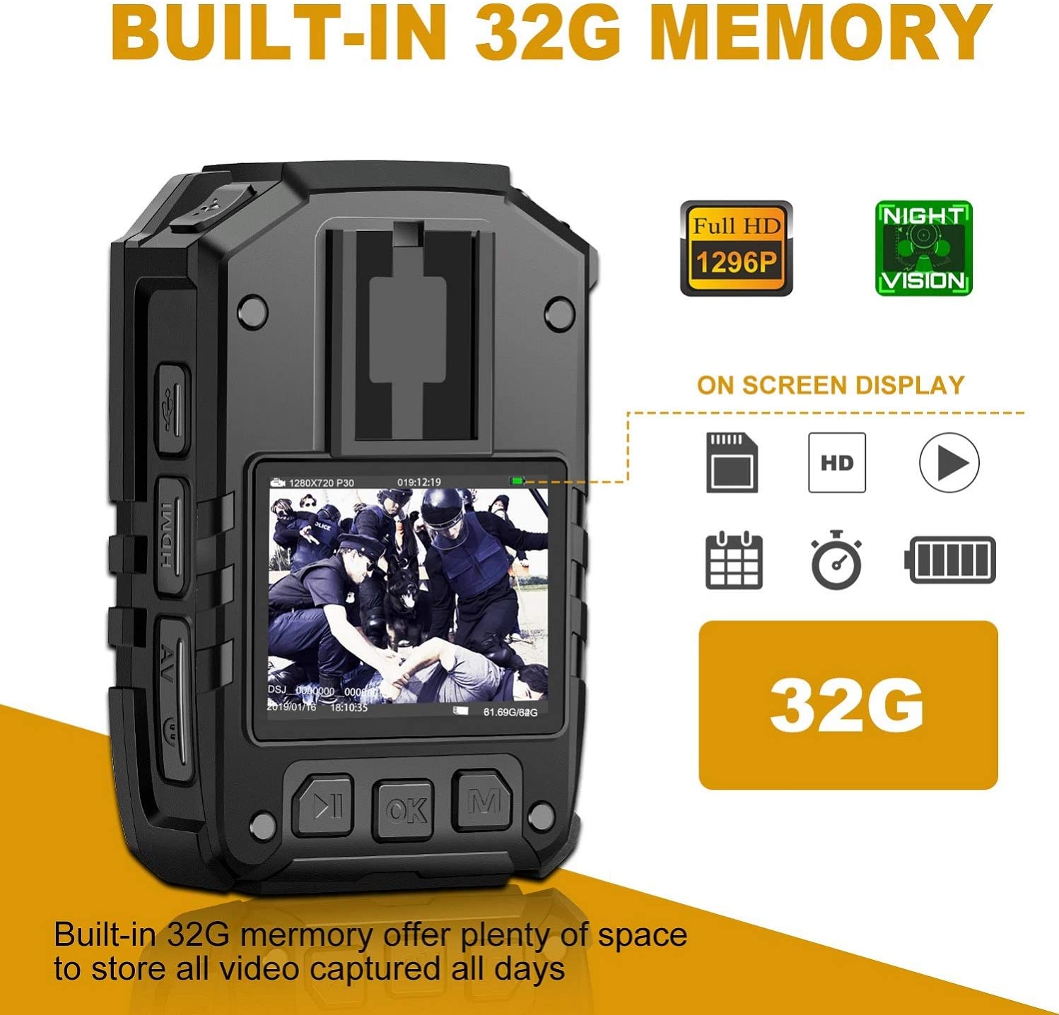 CAMMHD Cámara corporal 1296P HD con grabación de audio y video 15 horas, 32  GB impermeable visión nocturna patrulla cuerpo cámara para la aplicación