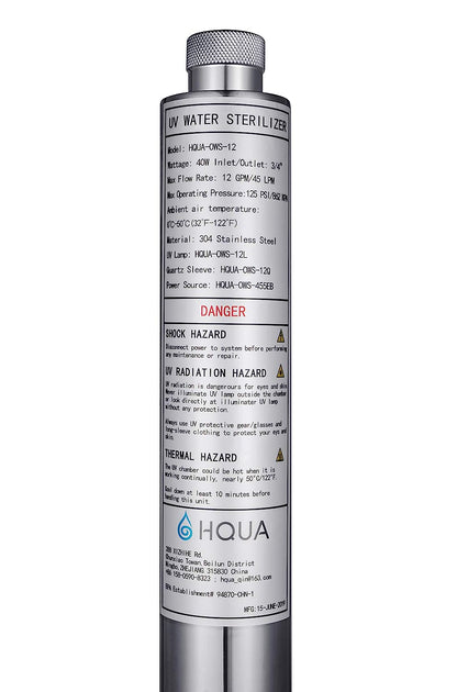 HQUA - Filtro esterilizador de purificador de agua ultravioleta OWS-12 para toda la casa, 12 GPM, 110 V, 40 W, modelo HQUA-UV-12 GPM + 1 tubo UV extra