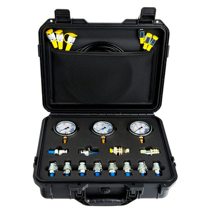 Kit de prueba de presión hidráulica, 600 bar, 8700 psi, 60 mpa, 3 calibres, 12 conectores en T, 3 mangueras de prueba, kit de medidor hidráulico, estuche de transporte resistente para excavadoras, maquinaria de construcción, barcos, minas