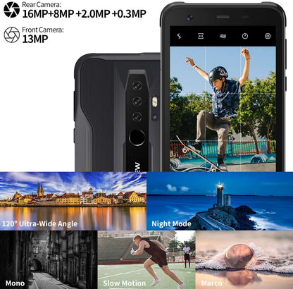 Blackview BV6300Pro (2020) Android 10 Celulares resistentes, 16 MP HDR Quad Cámaras traseras, 6 GB + 128 GB IP68/69K Smartphone, 4380 mAh Batería Carga inalámbrica 0.457 in Slim Body 4G - Negro