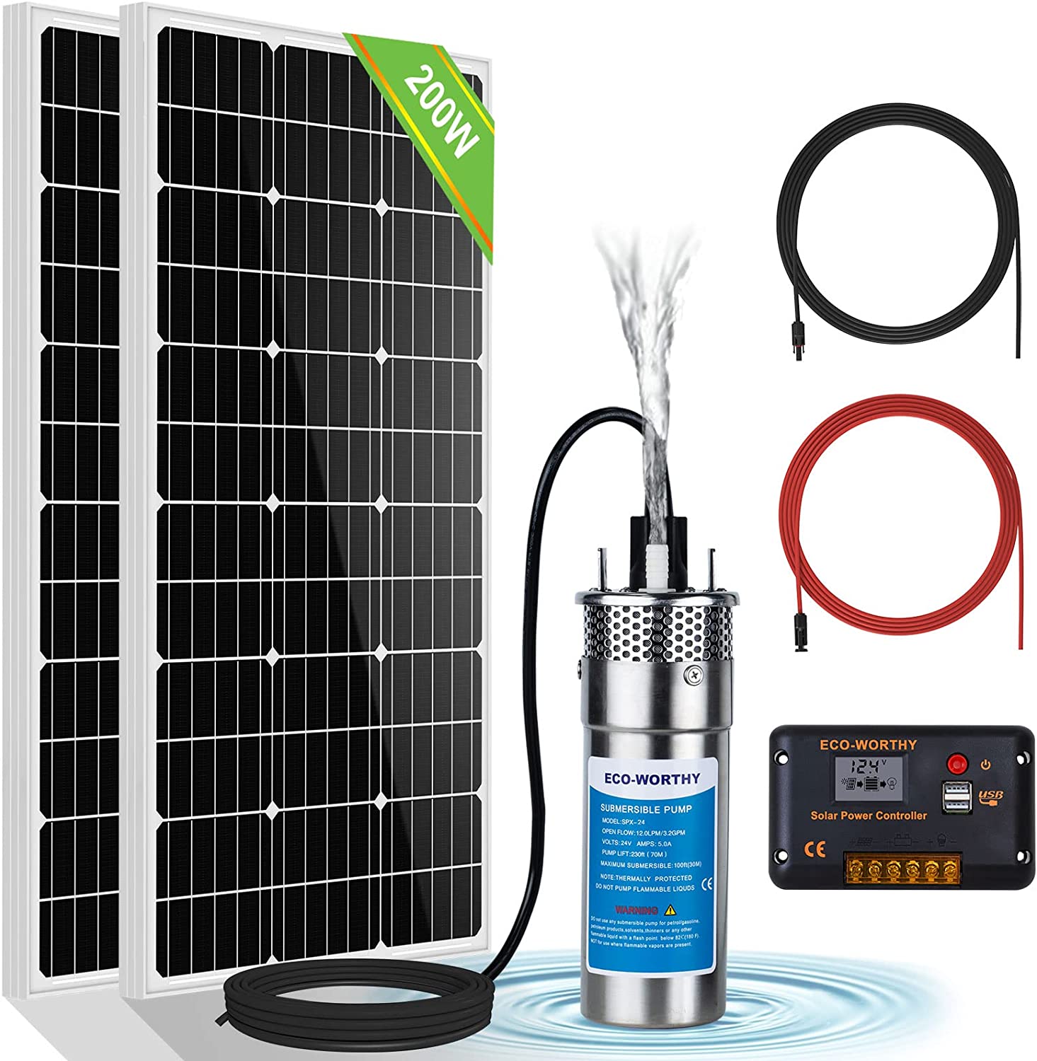  ECO-WORTHY Kit de bomba de pozo solar con batería de respaldo,  bomba de agua solar de 12 V + kit de panel solar de 120 W + batería de 10 Ah