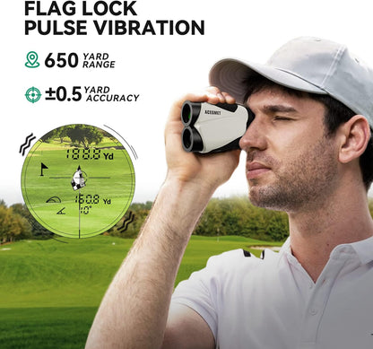 ACEGMET Telémetro de golf, buscador de rango de carga USB para golf, 650 yardas, buscador de rango de golf, bloqueo de bandera y vibración de pulso, telémetro láser de enfoque rápido y escaneo continuo con pendiente